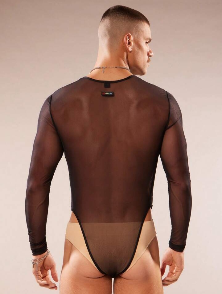 Men's Solid Color Mesh Round Neck Long Sleeve Jumpsuit See Through Top Men